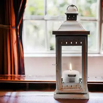 Glass Iron Lantern with One Pillar Candle|Silver Hanging Lantern|Lantern for Home Decoration|Candle Holders for Home Decor|