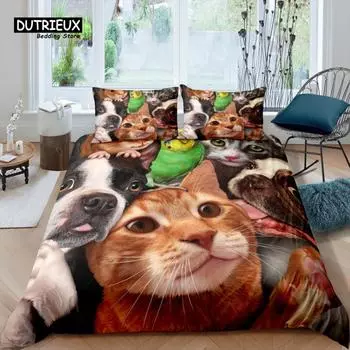 Главная Жизнь Роскошь 3D Pet Cat Постельное белье Комплект Детский Пододеяльник Наволочка Pet Dog Постельное белье Queen и King Размер EU/US/AU/UK 155x215cm 3pcs