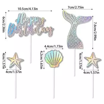 Glitter Mermaid Cake Topper Mermaid Tail Shell Happy Birthday Cupcake Topper For Birthday Dessert Cake Decoration Under the Sea