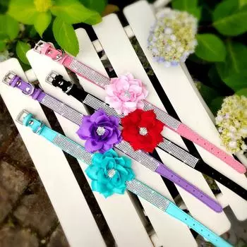 Glitter Rhinestone Dog Leather Collar Cute Floral Necklace Pet 120cm Walking Leash for Small Medium Large Dogs Chihuahua XS-L XS синий