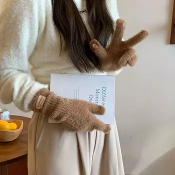 Gloves for Women, Winter Plush, Soft and Waxy, Split-finger Ins, Versatile, Long, Thickened, Warm, Student Cycling, Fingerless, Touch Screen average size