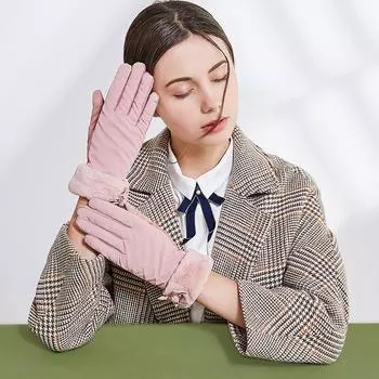 Gloves Ladies Autumn Touch Screen Fleece Warm Suede Cute Student Gloves Riding Thickened Windproof Gloves average size