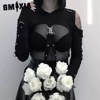 GMXIA Dark Wind Летняя мода Топ с круглым вырезом и длинным рукавом Укороченная сетчатая короткая толстовка с капюшоном для женщин S чёрный