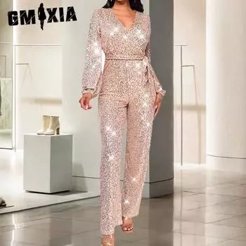 GMXIA Deep V Модный повседневный комбинезон с длинным рукавом и пайетками для женщин S чёрный
