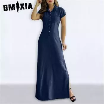 GMXIA Длинная юбка-блузка с прорезным карманом на горловине Большая юбка Повседневное джинсовое платье больших размеров S серый