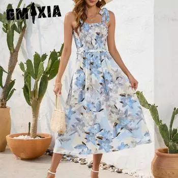 GMXIA Floral Printed Halter Dresses Summer Range Dresses Casual Holiday Travel Dresses S синий