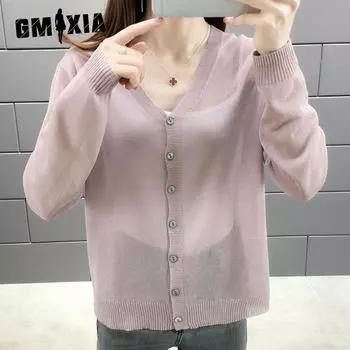 GMXIA Трикотажный свитер Ice Silk, весна и лето, новый женский кардиган, короткий параграф, тонкий отрезок, шаль с длинными рукавами, свободная куртка One size фиолетовый
