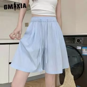 GMXIA Ice Silk Shorts Women s Summer Loose Thin Casual Muscle Sense Five Trousers High-waisted Draping Pleated Wide-legged Trousers S хаки