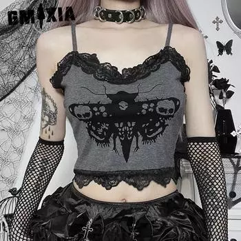 GMXIA Кружево Spice Patchwork Halter Dark Wind Personality Moth Print Slimming Temperament Top Lady S серый