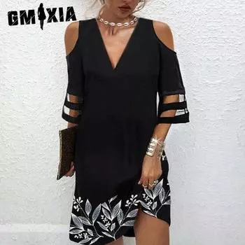 GMXIA Летнее платье с V-образным вырезом и цветочным узором в стиле пэчворк с пятью рукавами S