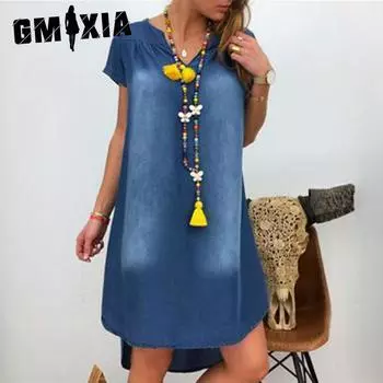GMXIA Летние женские джинсовые платья с коротким рукавом и V-образным вырезом S синий