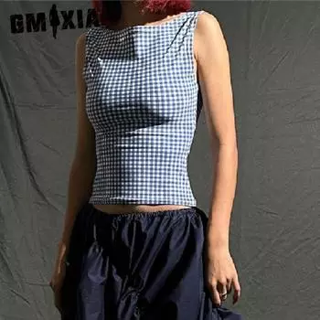 GMXIA Летние женские подтяжки Spice Girl Thousand Bird Check Bow Suspenders Temperament Slim-fit Vest Woman S синий