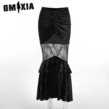 GMXIA Летняя юбка в стиле пэчворк с поясом, темная, узкая, кружевная, длинная, женская одежда S