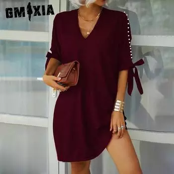 GMXIA Летняя весенняя юбка женская с V-образным вырезом и коротким рукавом однотонное свободное платье S бордовый