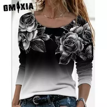 GMXIA Long Sleeve Loose Round Neck Casual Pullover 3D Printed T-shirt Woman S чёрный