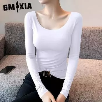 GMXIA Modal Low-cut Base Top for Women In Autumn and Winter with U-neck Long-sleeved T-shirt Texture Slim Top M белый