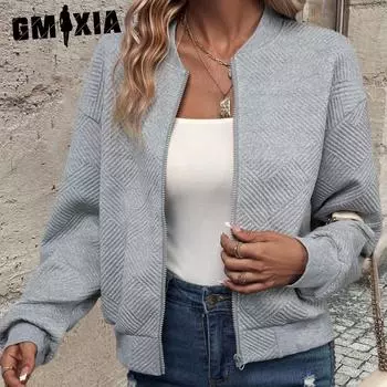 GMXIA осень-зима однотонная куртка на молнии с бейсбольным воротником повседневное пальто для женщин куртки и пальто с длинным рукавом S серый