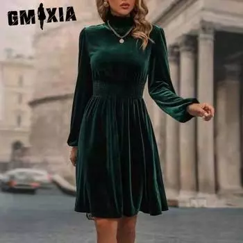 GMXIA Осенне-зимнее женское бархатное модное платье с длинными рукавами S чёрный
