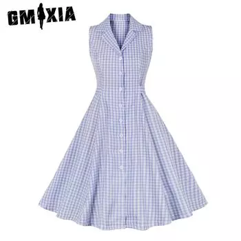 GMXIA Платье в стиле «Commuter Chic» с однобортным воротником-блейзером, без рукавов, с ремешком на талии, утягивающее, в винтажном стиле в клетку S