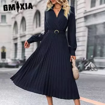 GMXIA лацкан рубашка длинная юбка осень женское плиссированное платье с длинными рукавами S