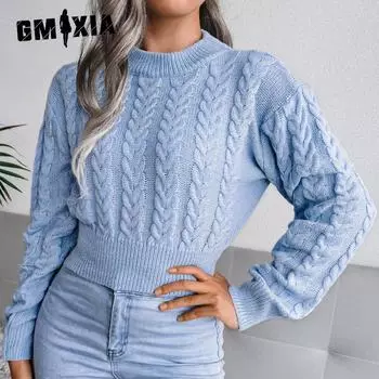 GMXIA Short Twisted Pullover Sweater Women s Autumn and Winter Slim and Thin O-neck Solid Color Knitwear S белый