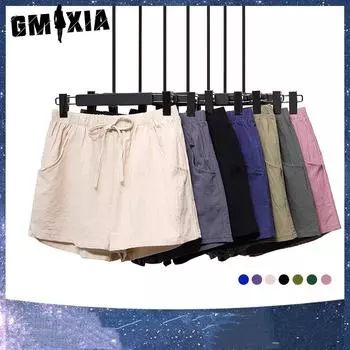 GMXIA Шорты из хлопка и конопли, женские, однотонные, льняные, с высокой талией, свободные, три точки, летние, узкие, повседневные брюки M чёрный