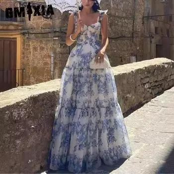 GMXIA Весна и лето Женское модное вечернее платье с открытыми плечами из органзы Fairy Long Temperament XS синий