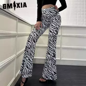GMXIA Весна-Лето Зебра Принт Эластичный Талия Микро Клеш Брюки Тонкие Сексуальные Облегающие Йога Брюки для Женщин XS