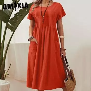 GMXIA Summer Women Plus Size Dress Long Solid Cotton Linen Round Neck Pockets Pleated Short Sleeve Dresses S красный