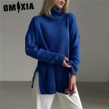 GMXIA Свитер свободный трикотажный водолазка для женщин осень и зима S зелёный