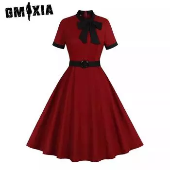 GMXIA Vintage женское платье-бабочка с галстуком-бабочкой, подходящее к бордовому цвету, хлопковое свободное платье средней длины S бордовый