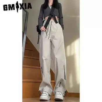 GMXIA Windproof and Waterproof Wide Leg Storm Pants Women s Spring and Autumn Hiking Cargo Casual Pants M чёрный