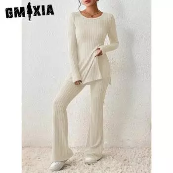 GMXIA Women s Autumn and Winter Long Sleeve O-Neck Solid Color Casual Slim-fit Home Outside Wear Suit Women Suits & Sets S светло-серый