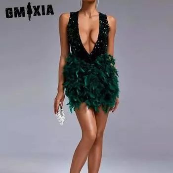 GMXIA Женское платье Spice Girl с глубоким V-образным вырезом на спине, юбкой-пачком и перьями из полиэстера с глянцевыми деталями для летних женщин S