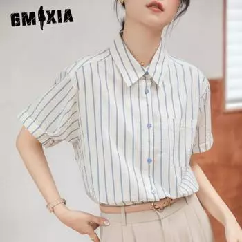 GMXIA Women s Striped Short Sleeve Shirt Summer Temperament Retro Casual Versatile Simple Commuter Tops S абрикосовый