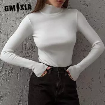 GMXIA Женская нижняя рубашка с полувысоким воротником, осенне-зимний новый темпераментный и элегантный тонкий теплый внутренний джемпер с длинными рукавами S белый
