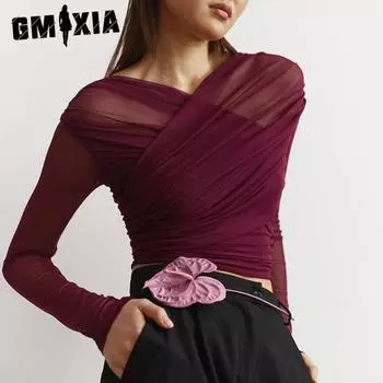 GMXIA Женская осенняя однотонная сетчатая сексуальная плиссированная футболка с длинным рукавом для женщин S красный