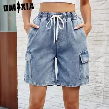 GMXIA Женские джинсовые шорты длиной пять четвертей на весну/лето со шнуровкой и эластичной талией S синий