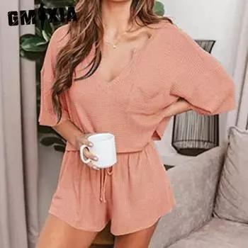 GMXIA Женские модные однотонные шорты с v-образным вырезом и короткими рукавами с принтом, домашние костюмы S розовый