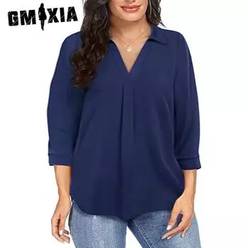 GMXIA женские модные повседневные летние шифоновые однотонные блузки и рубашки с v-образным вырезом и рукавами 3/4 с принтом XL зелёный