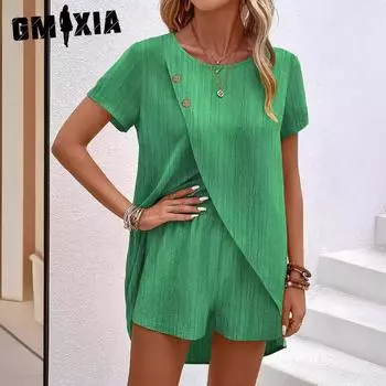 GMXIA Женские модные повседневные однотонные спортивные шорты с коротким рукавом и круглым вырезом и высокой талией S зелёный
