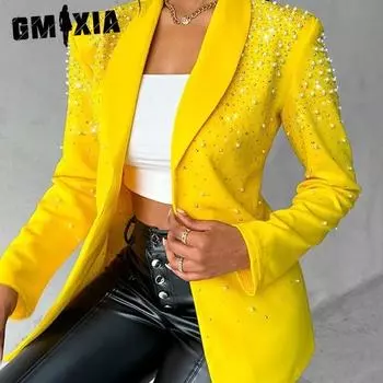 GMXIA Женский винтажный повседневный однотонный принт осень-зима с длинным рукавом и воротником-поло, куртки и пальто костюм S жёлтый