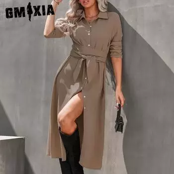 GMXIA Женское длинное платье осень-зима, однотонный кардиган с длинными рукавами, свободное платье S хаки