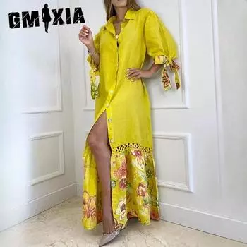 GMXIA женское хлопковое льняное пэчворк-платье с завязками и рукавами 3/4, длинное платье-рубашка S белый