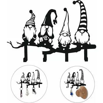 Gnome Gift Metal Key Holder for Wall Decorative Gnome Key Rack Hanger Wall Mounted with 4 Hooks Organizer Keys Coat rack