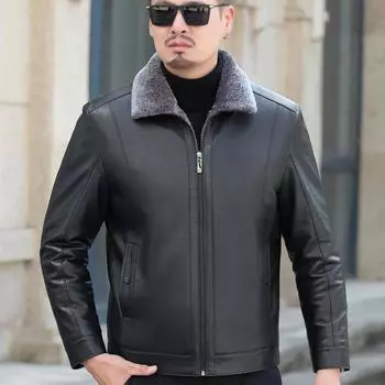 Goatskin men s genuine leather jacket short lapel middle-aged casual fur one-piece velvet thickened jacket M