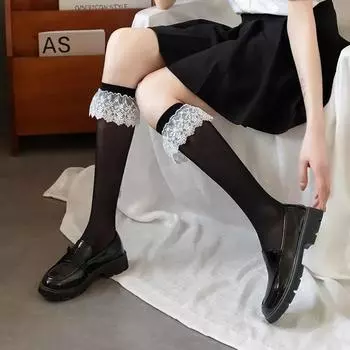 Гольфы женские чулки Lolita Sweet Girl кружевные носки с оборками чулки женские летние ультратонкие прозрачные длинные носки чулки чёрный