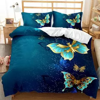 Golden Butterfly Pretty Blue Butterfly Bedding Set Boys Girls Twin Queen Size Duvet Cover Pillowcase Bed Kids Adult 70x133cm 2pcs