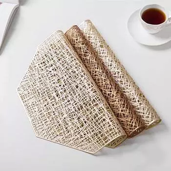 Golden Hexagon Table Mat PVC Placemat Hollow Insulation Coaster Pads Table Bowl Home Christmas Heat Resistant Modern Style Decor 38cm&1 PC