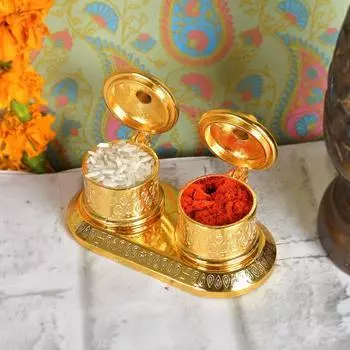 Golden Metal Kumkum Holder/Kumkum Box for Gifting,Pooja, Thali, Mandir, Home, Temple, Gifting Golden Kumkum Box with Laxmi Maa (Round Kumkum) золотистый